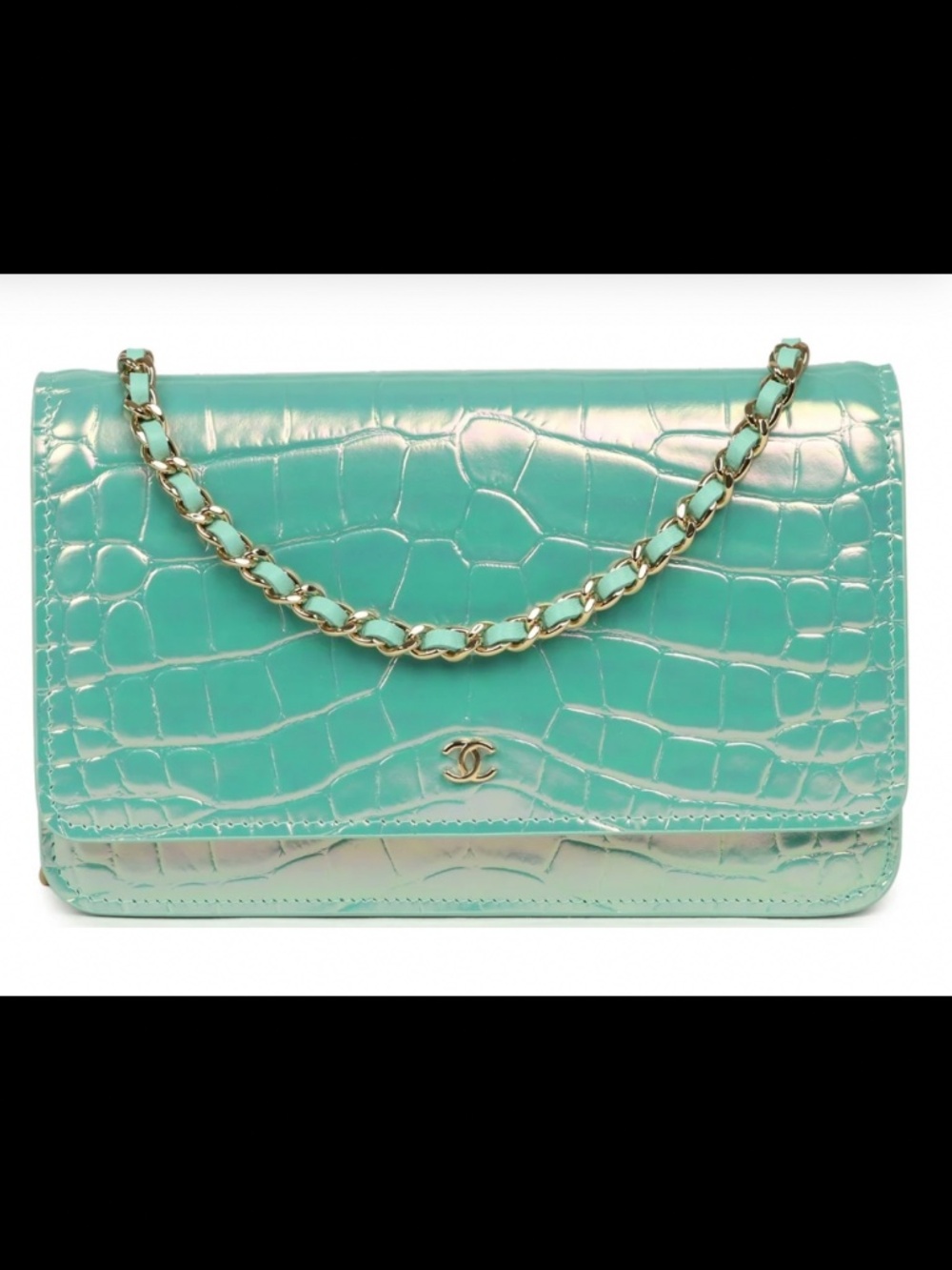 CHANEL Iridescent Turquoise Croc-Embossed Wallet on Chain WOC